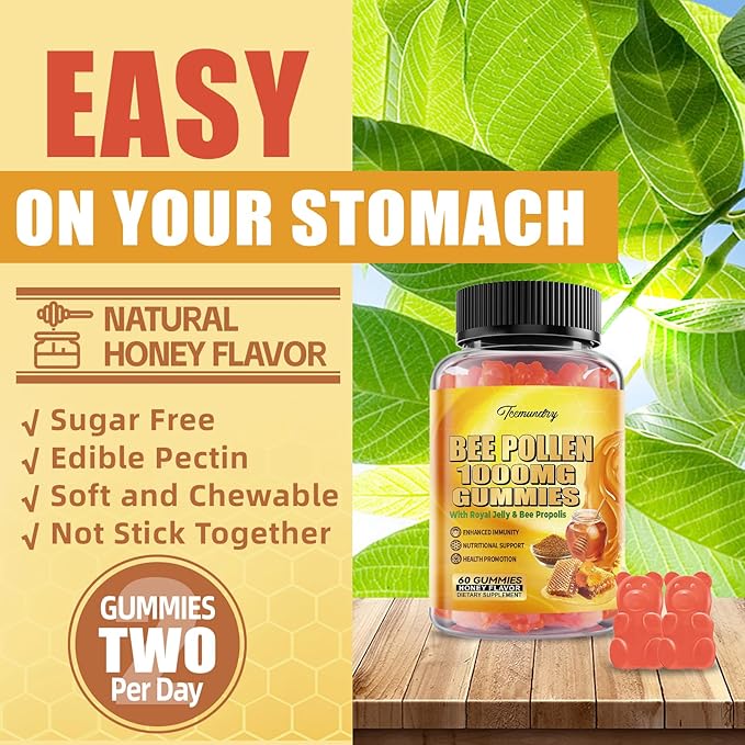 Bee Pollen 1000MG Gummies with 500MG Royal Jelly & Bee Propolis, Sugar Free Bee Pollen Supplement Rich in Vitamin C & E, Vegetarian, Non-GMO, Gluten Free, Support Immunity & Skin Health
