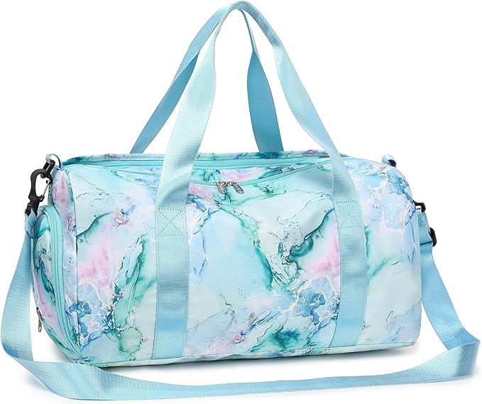 Gym Bag Sports Duffle Bag with Wet Pocket Weekender Overnight Bag with Waterproof Shoe Pouch and Air Hole for Girls Kids Women Travel Foldable Bag