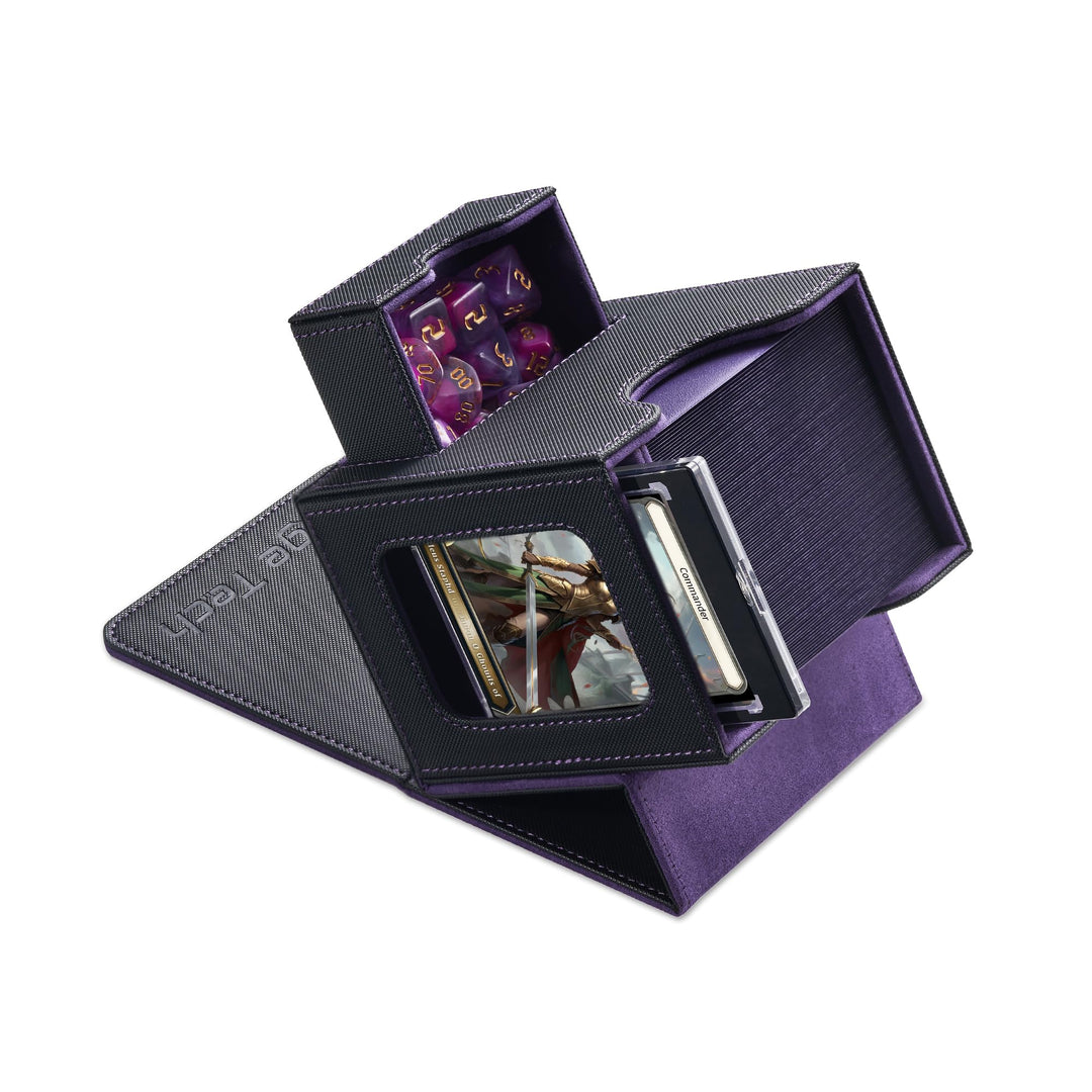 Mage Tech Card Deck Box for MTG Commander - Patented Design, Commander Display, Fits 100 Double-Sleeved Cards, 35pt Card Brick & Dice Tray - Black/Purple