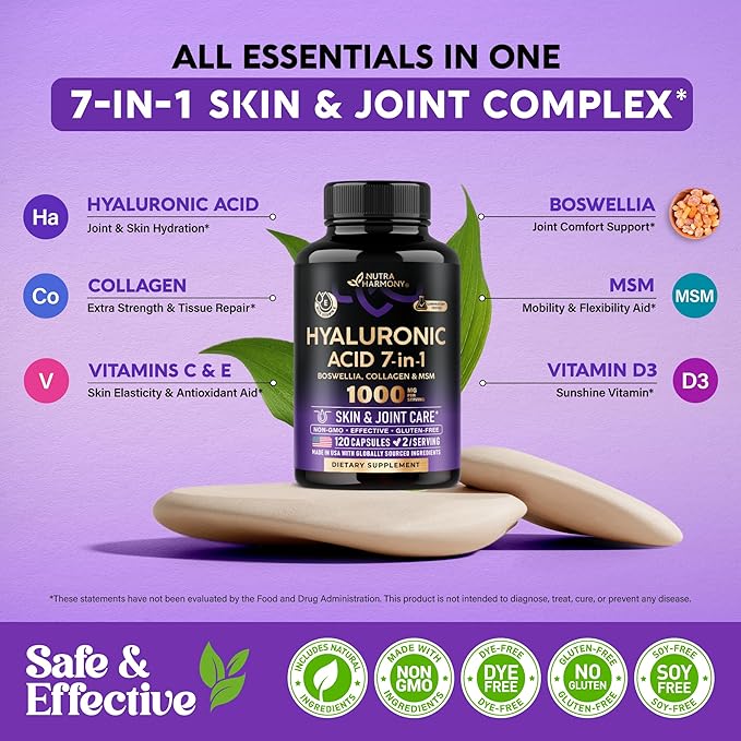 Hyaluronic Acid Supplements 1000 mg - Skin & Joint Hydration, Joint Discomfort Relief - 7-in-1 with Collagen, MSM, Boswellia & Vitamins - Hyaluronic Acid Capsules, Pills - Made in USA - 120 Capsules