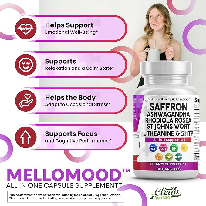 Clean Nutraceuticals Saffron Supplements with Ashwagandha - Mood Support with L-Theanine, Ginkgo Biloba, St. John's Wort, Rhodiola Rosea & 5-HTP - Saffron Pills