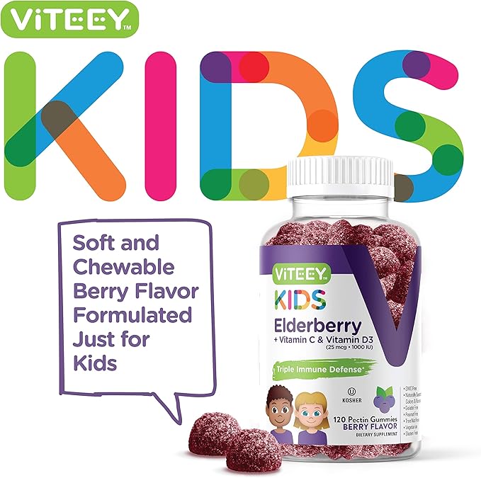 Sambucus Elderberry Gummies for Kids Immune Support Supplements with Vitamin D3 & Vitamin C - 3-1 Immune Booster - Vegetarian, Gelatin Free, Gluten Free, GMO Free - Tasty Chewable Berry Flavored Gummy