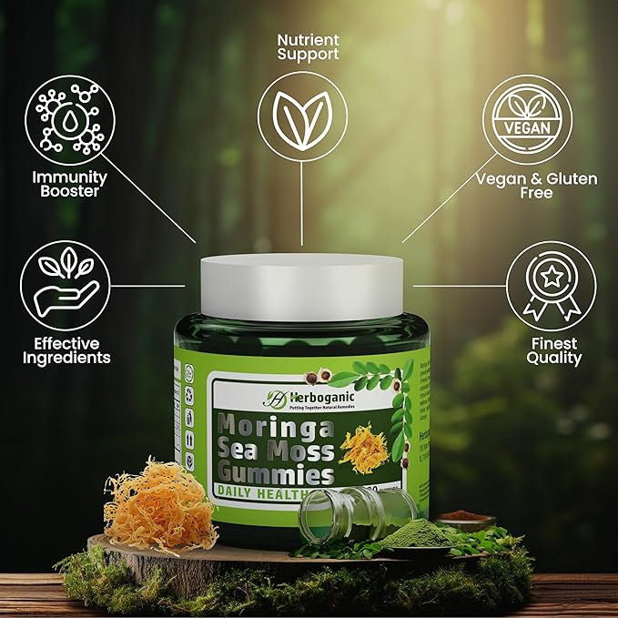 Moringa Sea Moss Gummies - Amazing Superfood Green Supplement with Fiber, Immune Support, and Moringa Leaf Powder Extract - Supplement 60 Count.