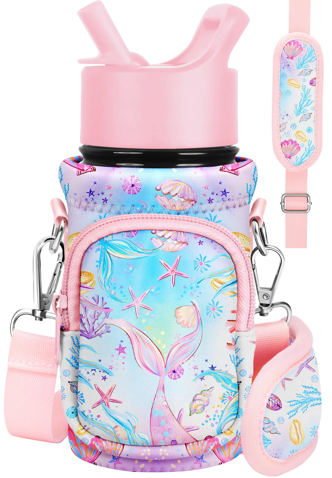 Miss Adola Water Bottle Carrier with Strap Cartoon Water Bottle Bags Holder for Kids Boys Girls Neoprene Insulated Bottle Bag for 10/12/14/16/18Oz Stainless Steel Glass Bottles Sleeve, Pk Fishtail