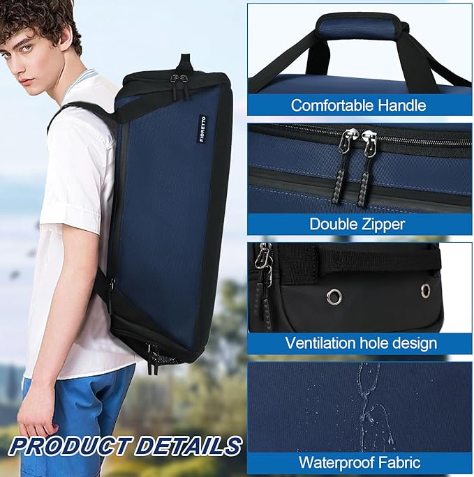 FIORETTO 43L Mens Sports Gym Bag with Wet Pocket & Shoe Compartment, Travel Duffle Bag Overnight Bag with Padded Shoulder Strap, Holdall for Swimming, Basketball, Football Navy