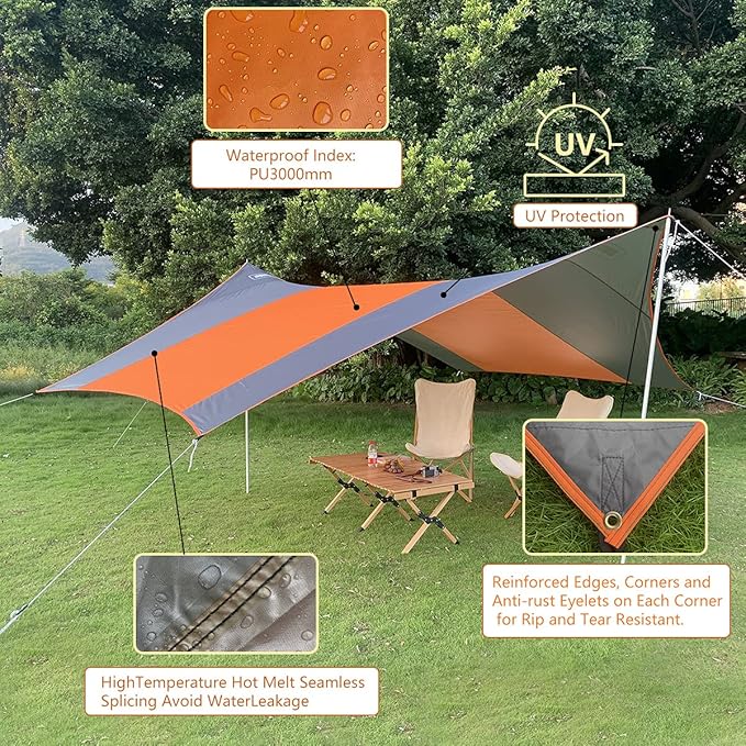 13.5 * 13.5ft Camping Tarp Shelter with Poles Large Tent Tarp Waterproof Rain Fly for Hammock Cover Bushcraft Picnic Backpacking Outdoor Survival