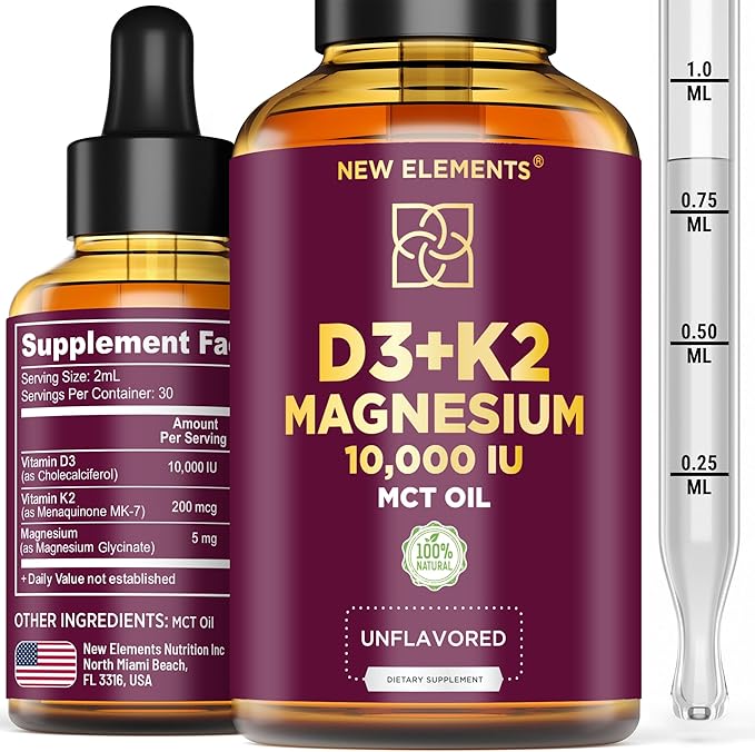 Liquid Vitamin D3 K2 10000IU with Magnesium Glycinate 5mg | VIT D3 K2 Drops for Adults | Mk7 Vitamin K2 100mcg | Vitamin D3 + K2 Supplement for Men & Women | Gluten Free | Non-GMO