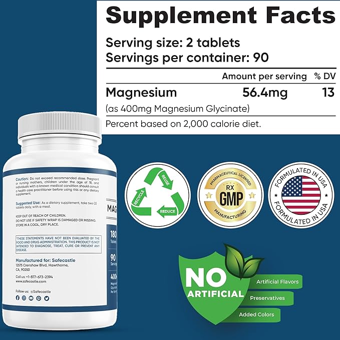 400 mg Magnesium Glycinate 180 Tablets Non Buffered High Absorption Non-GMO Promotes Cardiovascular Health Supplement for Stress Relief, Sleep, Heart Health, Ease Muscles, Calm Headaches, Nerves