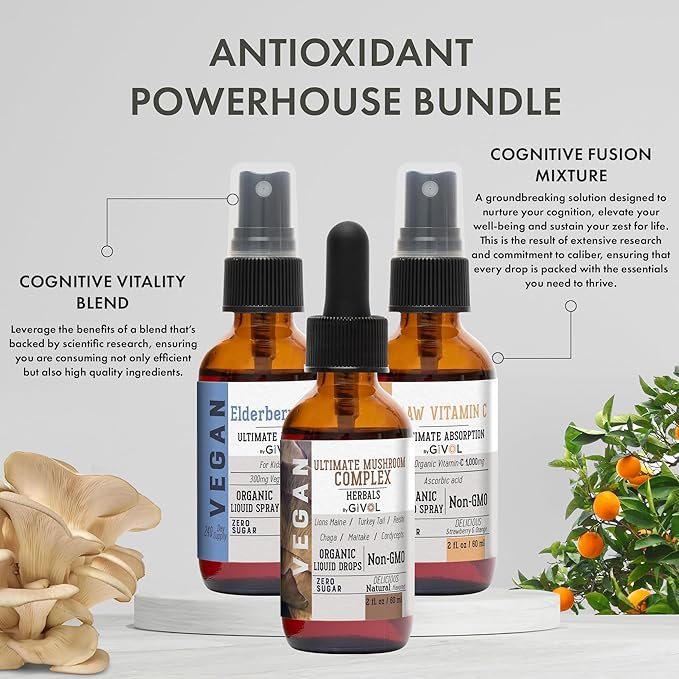 Antioxidant Powerhouse Bundle - Elderberry, Raw Vitamin C, Mushroom Complex - Nutriments, Phytonutrients & Cognitive Well-Being All in One Package - Multivitamins - 2 Fl Oz - 240 Days Supply