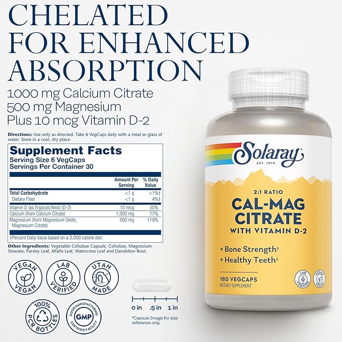 Solaray Calcium Magnesium Citrate 2:1 Ratio - Calcium Supplements for Women and Men w/Magnesium and Vitamin D 2 - Bone Health, Muscle and Nerve Support - Vegan, 60-Day Guarantee, 30 Serv, 180 VegCaps