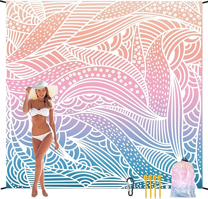 Beach Blanket, Sandproof Beach Mat, Waterproof Quick Drying Lightweight Outdoor Aztec Picnic Mat 79" X 83" for 2-4 Adults with Pocket for Travel, Camping, Hiking