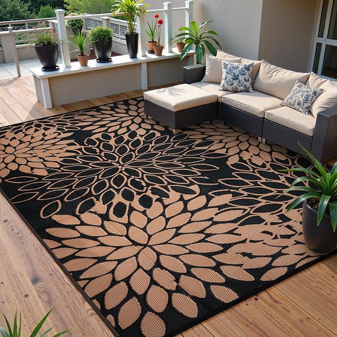 Anidaroel 8x10 Flower Outdoor Rug for Patios Clearance, Waterproof Camping Rug for Outside RV, Reversible Plastic Straw Outside Area Rugs for Garden, Camper, Picnic, Beach(Black/Brown,8'x10')