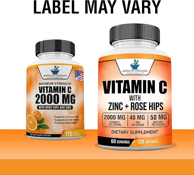American Standard Supplements Vitamin C 2000mg, Zinc 40mg, and Rose HIPS 50mg Per Serving – Vegan, Gluten Free, Non-GMO (120 Count)