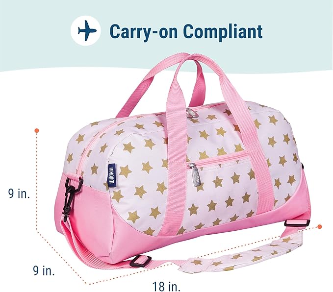 Wildkin Kids Overnighter Duffel Bag – Carry-On Size, Ideal for School & Sleepovers – Pink and Gold Stars