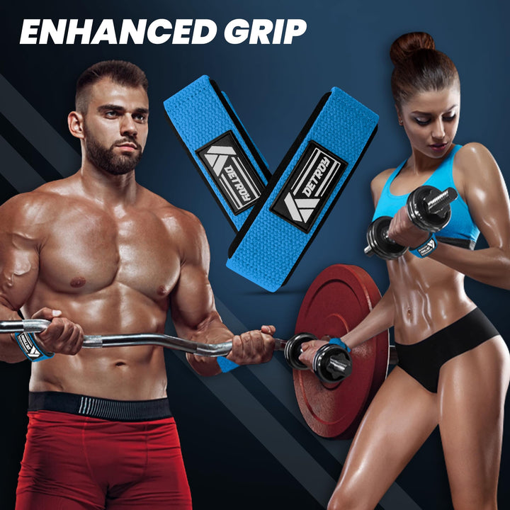 Detroy® Lifting Wrist Straps for Weightlifting, Deadlifts, Bodybuilding, Powerlifting, Gym Strength Training Workouts - Padded Neoprene with 24 inch Webbing Cotton with Silicone Grip for Men & Women (Blue)