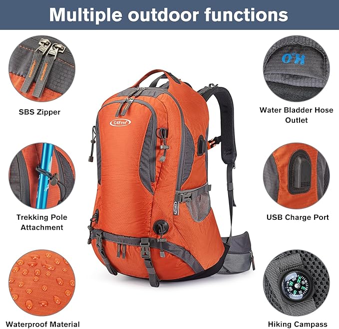 G4Free 50L Hiking Backpack Waterproof Daypack Outdoor Camping Climbing Backpack with Rain Cover for Men Women