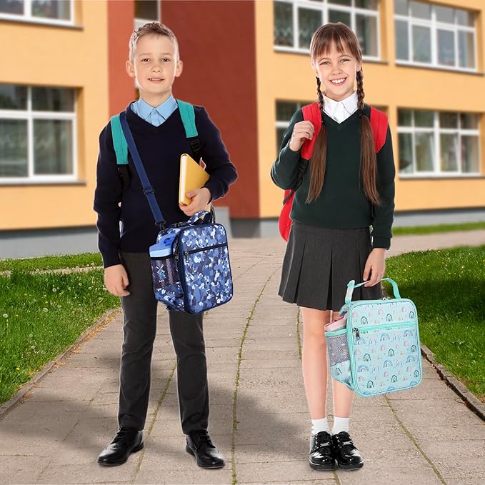 Kids Insulated Lunch Box Bag, Thermal Picnic Cool Bags with Adjustable Strap for Adults Children Women Men Boys Girls School Work (LakegreenRainbow)