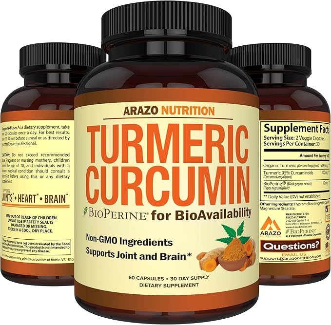 Arazo Nutrition Turmeric Curcumin with BioPerine 1300mg with Black Pepper - Joint Support Nutritional Supplements - 100% Herbal Tumeric Root Capsules