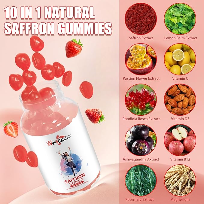Saffron Gummies for Adults Kids - Organic Saffron Extract Supplement for Men Women Sugar Free for Mood Balance Support Better Sleep Metabolism with Vitamins Non GMO Strawberry Flavored 60 Days Supply