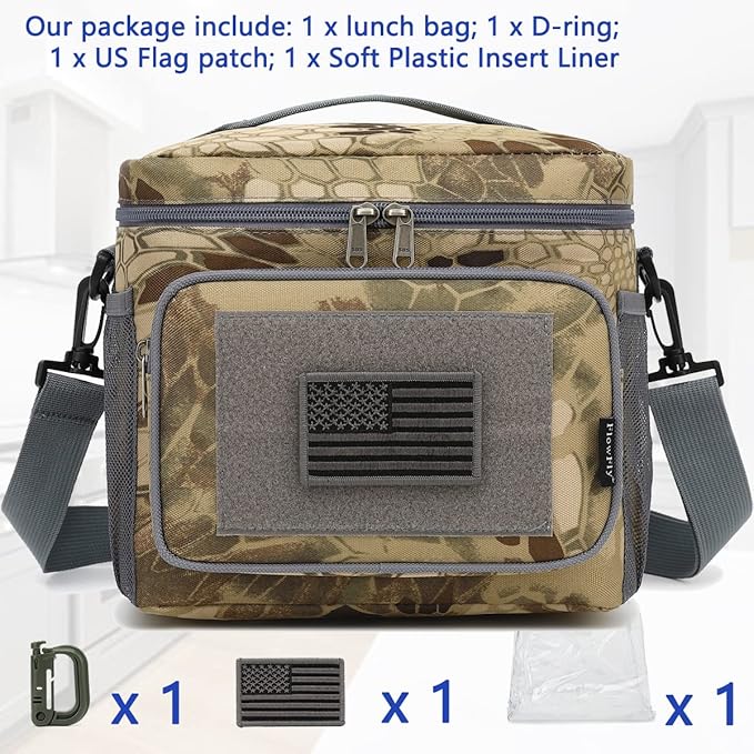 FlowFly Lunch Bag, Insulated Cooler, Thermal Lunch Box Tote with MOLLE/PALS Webbing, Adjustable Padded Shoulder Strap, for Tactical Men Women Adults and Boys Girls Kids (Camo#3, Medium)