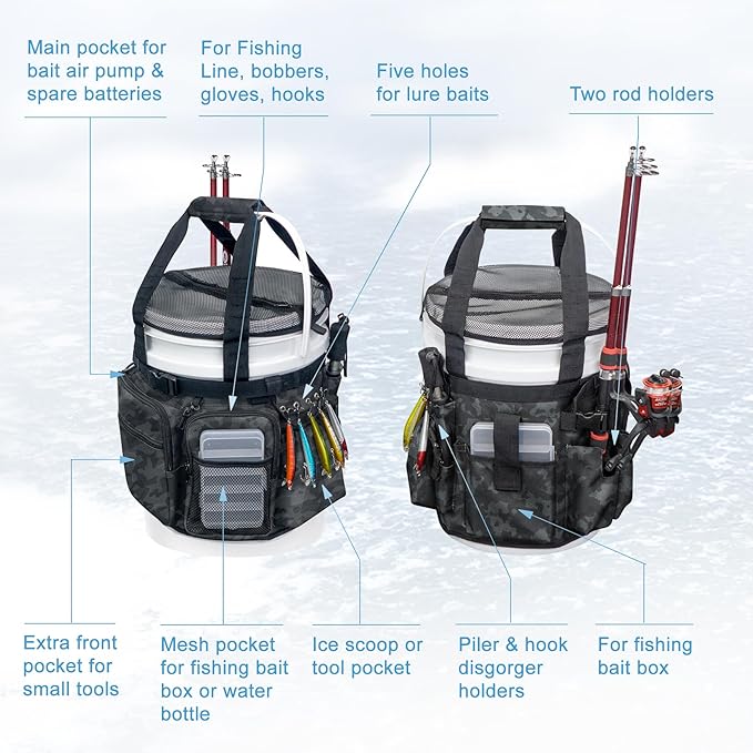 Fishing Bucket Organizer with Bucket Cover, Ice Fishing Tackle Bag with Rod & Plier Holder, Multi-Pockets for 5 Gallon Bucket Fishing Gear & Accessories