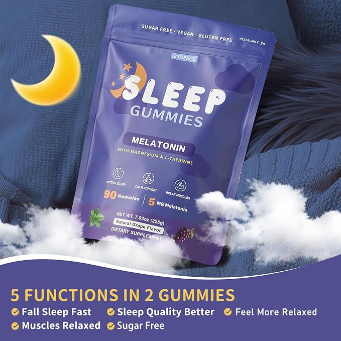 Sleep Gummies with 5mg Melatonin & 50mg Magnesium, L-Theanine, Lemon Balm, Blue Passionflower, Chamomile, Sleep Support, Help for Relaxation, Vegan, Grape Flavor, 90 Count