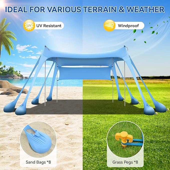 Large Beach Canopy UPF80+ Uv Protection Beach Tents Sun Shelter, Beach Shade Canopy with 8 Sandbags, 4 Stability Poles, Sand Shovel Ground Pegs for Outdoor Camping, Picnics (10x10ft, Sky Blue)
