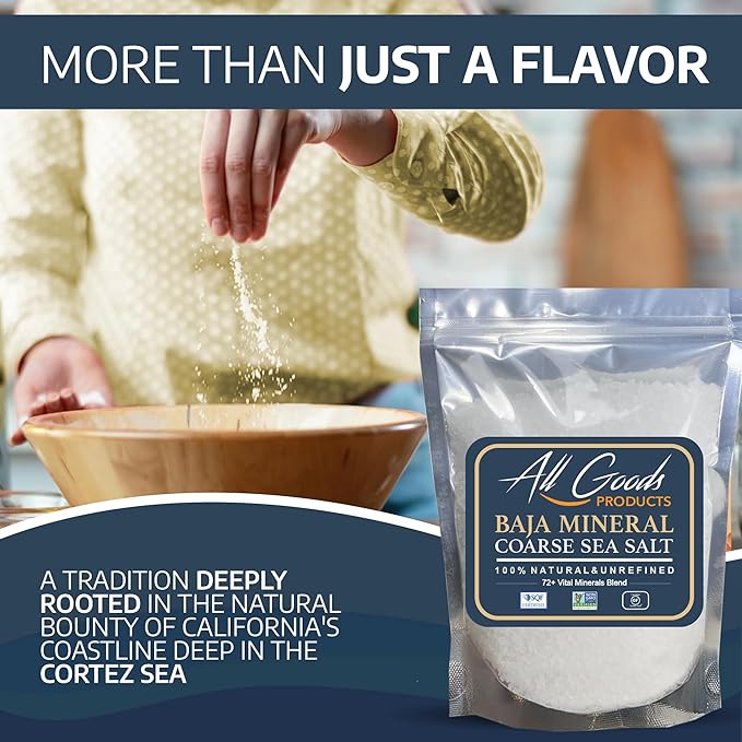 All Goods Products Baja Mineral Coarse Grain Sea Salt, 16 oz Natural Salt from Mexico, Unrefined, Hand-Harvested, Loaded with 90+ Essential Minerals, Kosher, 30% Low Sodium.