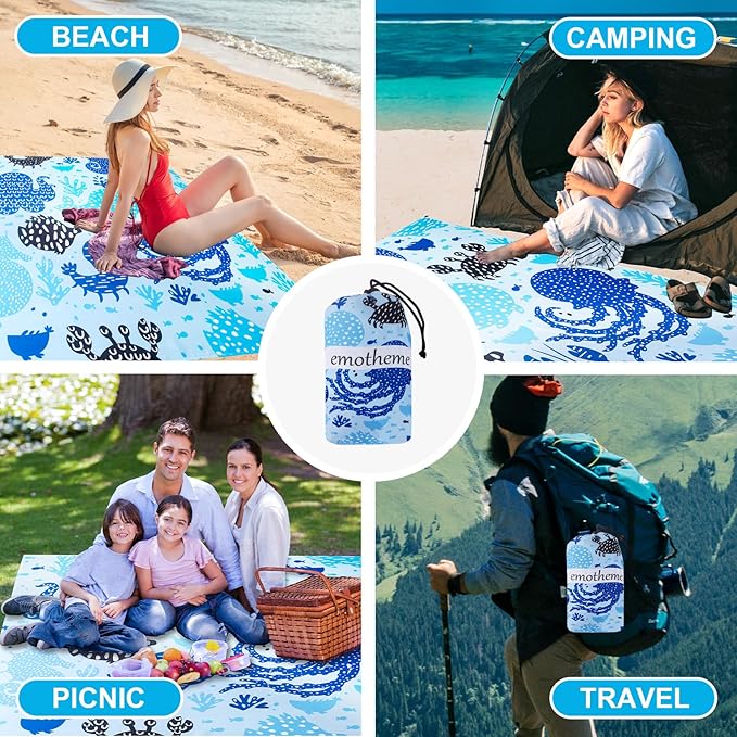 Beach Blanket, Sandproof Beach Mat 79" X 82" for 4-7 Adults, Large Waterproof Beach Blanket Quick Drying Lightweight Beach Blanket with 4 Stakes for Travel Camping Hiking (Octopus)