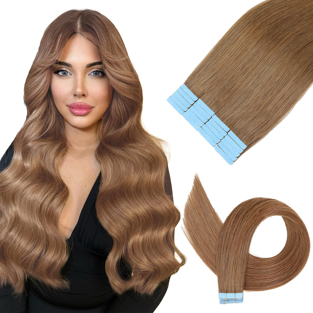 Mifes Tape in Hair Extensions Human Hair Light Brown #6 20pcs/40g 16 Inch Invisible Double Sided Tape for Skin Weft Hair Extensions Tape in Seamless Tape in Hair Extensions