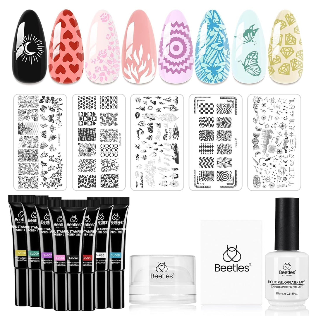 Beetles Nail Stamp Gel 16Pcs French Tip Nail Stamp Kit With 8 Colors Stamper Gel Polish, 5 Nail Stamping Templates, Scrapers, Li