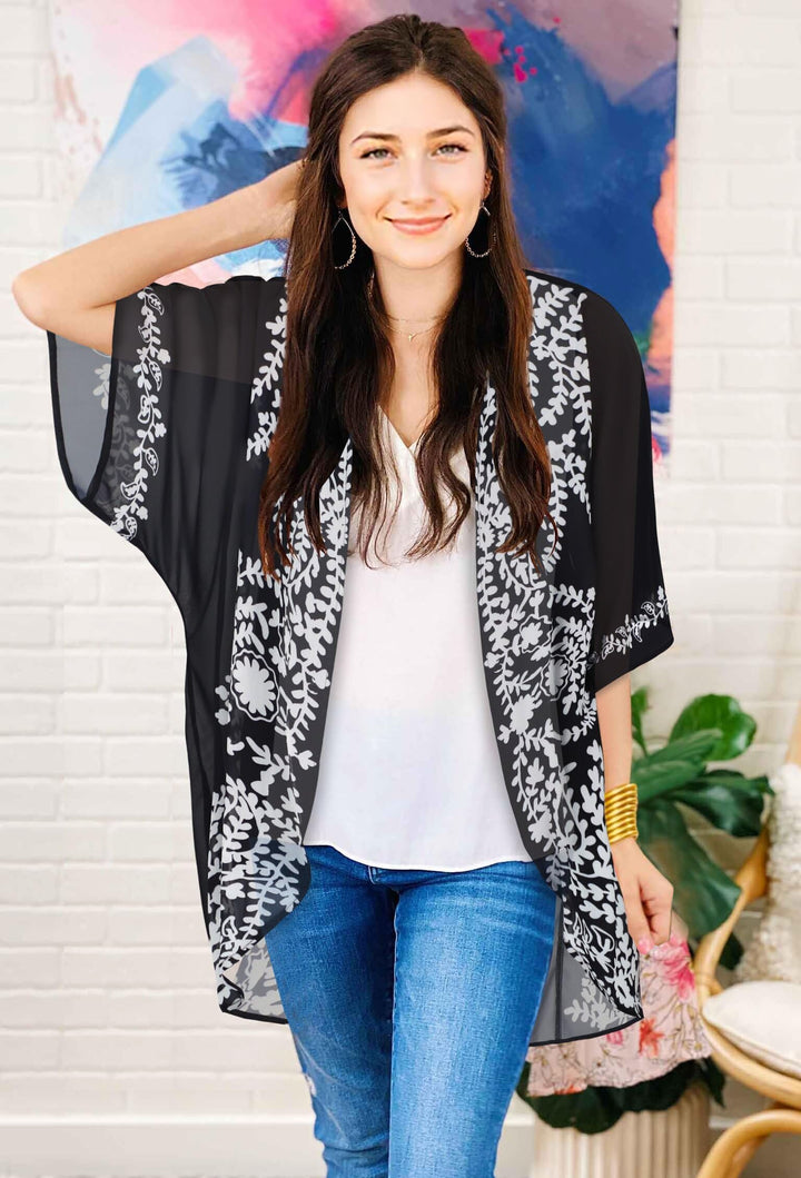 Womens Floral Kimono Cardigans Beach Cover Tops Loose Puff Sleeve Casual Blouse (C Black Flower, S)