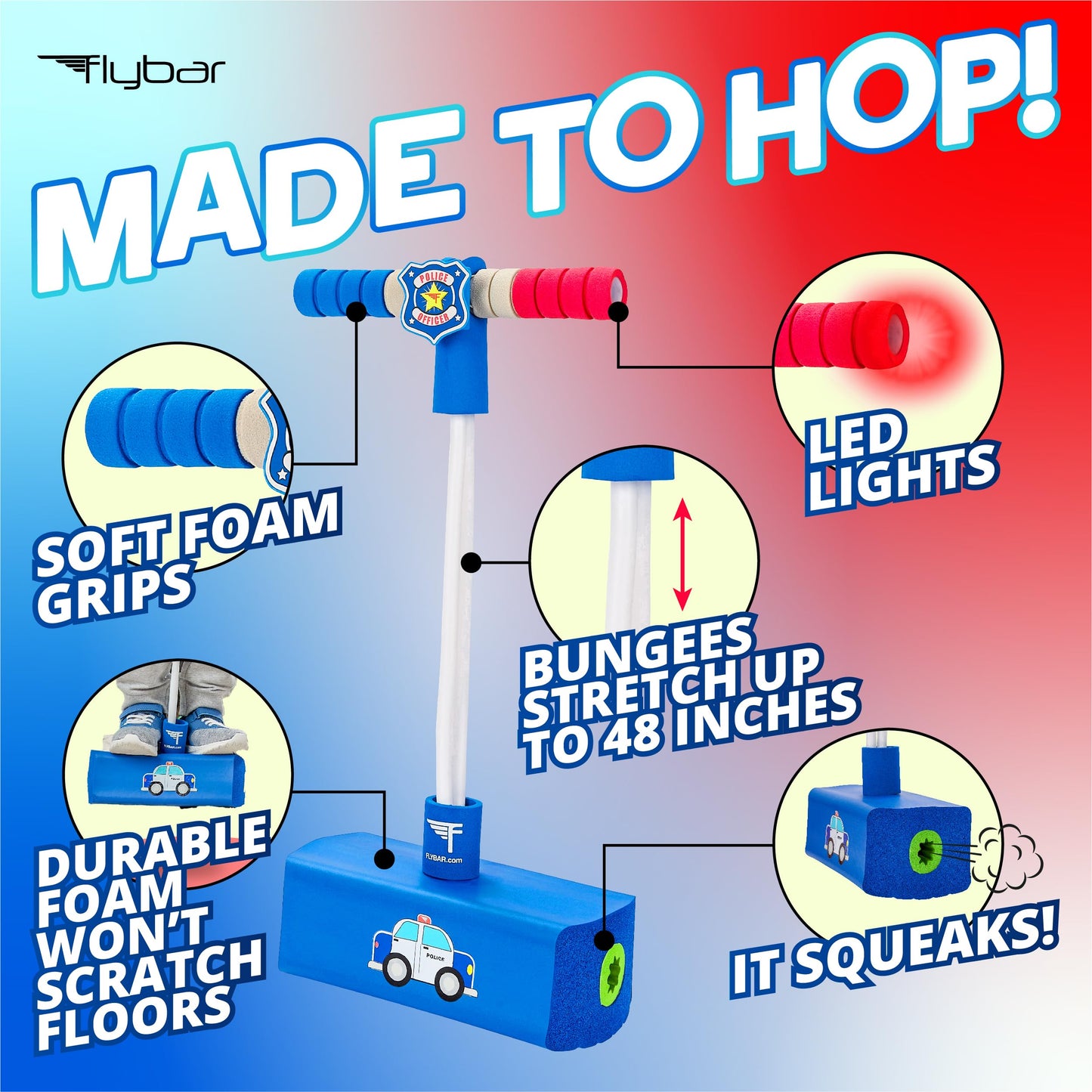 Flybar My First Foam Pogo Jumper for Kids Fun and Safe Pogo Stick for Toddlers, Durable Foam and Bungee Jumper for Ages 3 and up, Supports up to 250lbs (Blue Police)