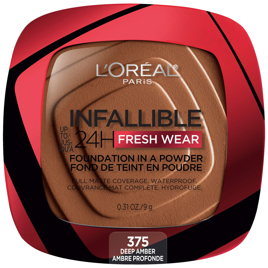 L’Oréal Paris Makeup Infallible Fresh Wear Foundation in a Powder, Up to 24H Wear, Waterproof, Deep Amber, 0.31 oz.