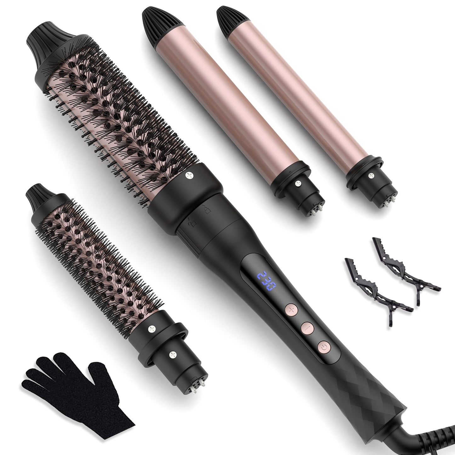 4 in 1 Thermal Brush Curling Iron Set, 25mm & 32mm Curling Wand Set and 32mm & 38mm Thermal Brush Hair Tool, 14 Temp Heating Setting Thermal Round Brush, Interchangeable Hair Curler 110-240V