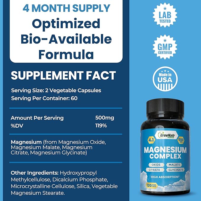 Magnesium Complex Supplement - Magnesium Supplements with Glycinate, Citrate, Malate & Oxide - Magnesium Tablets for Digestion, Sleep, Heart Health, & Energy - Magnesium Vitamins 120 Counts