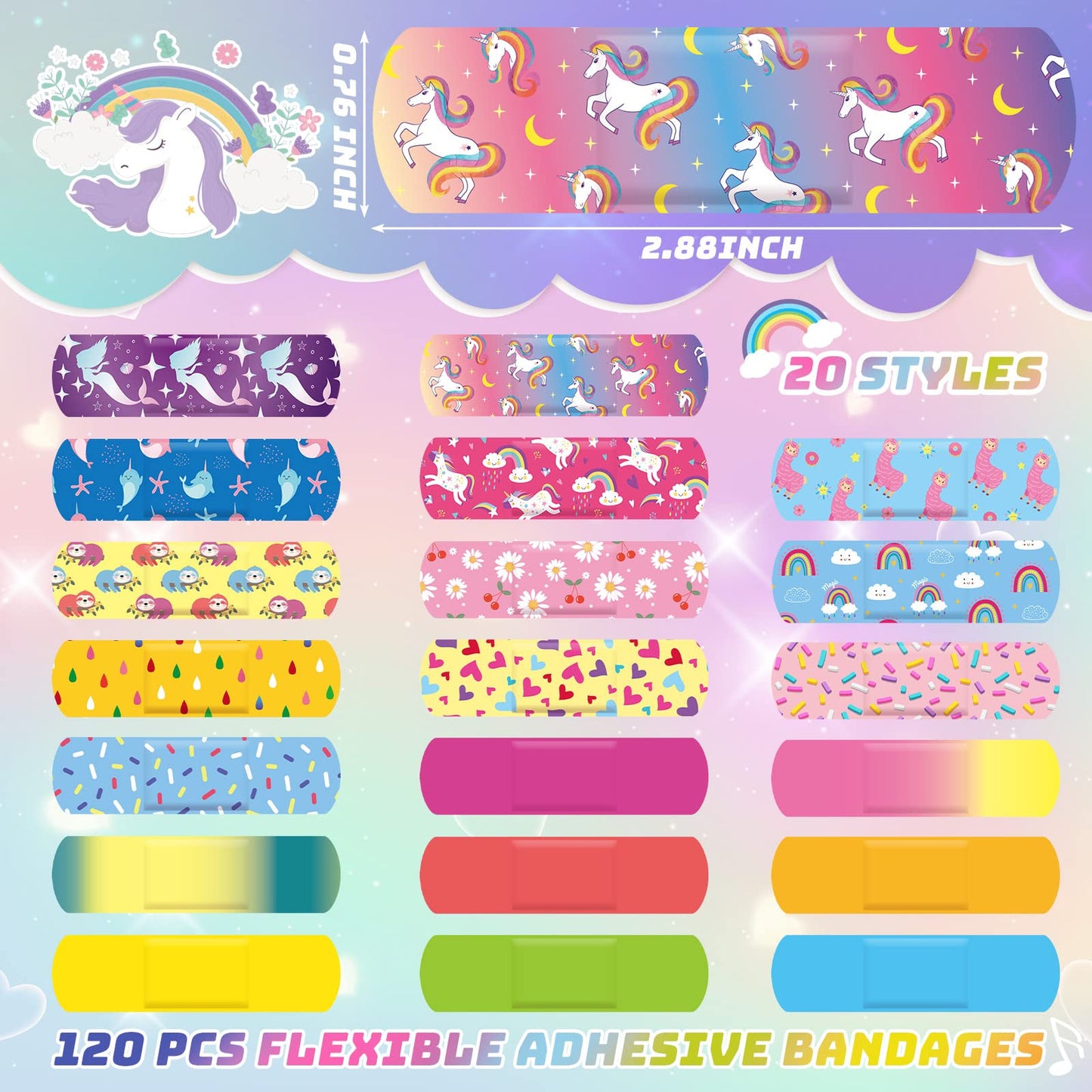 120 Pcs 20 Styles Kids Cartoon Bandages Bulk Flexible Adhesive Colorful Strips Waterproof Cute Bandages Comfortable Protection Care for Girls Boys Children Toddlers Cuts Scrapes Burns (Fresh Style)