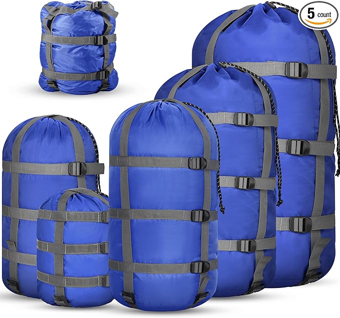 5 Pack Compression Stuff Sack 5 Assorted Size Sleeping Bag Stuff Sack Ultralight Sleeping Bag Cover Space Saving Gear for Travel Outdoor Camping Hiking Backpacking