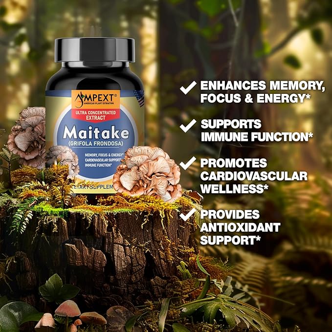 Maitake Mushroom Extract - Premium Quality, Only Fruiting Bodies, Source of Beta-Glucans, Heart & Cardiovascular Welness, Vitality & Resilience, Memory Booster, Immune Support, 90 Veg Caps.