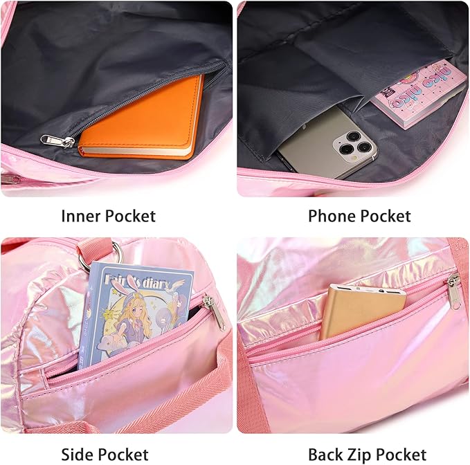 Gym Duffle Bag for Kids Girls Sports - Dance Cheerlead Overnight Weekender with Shoe Compartment - Pink