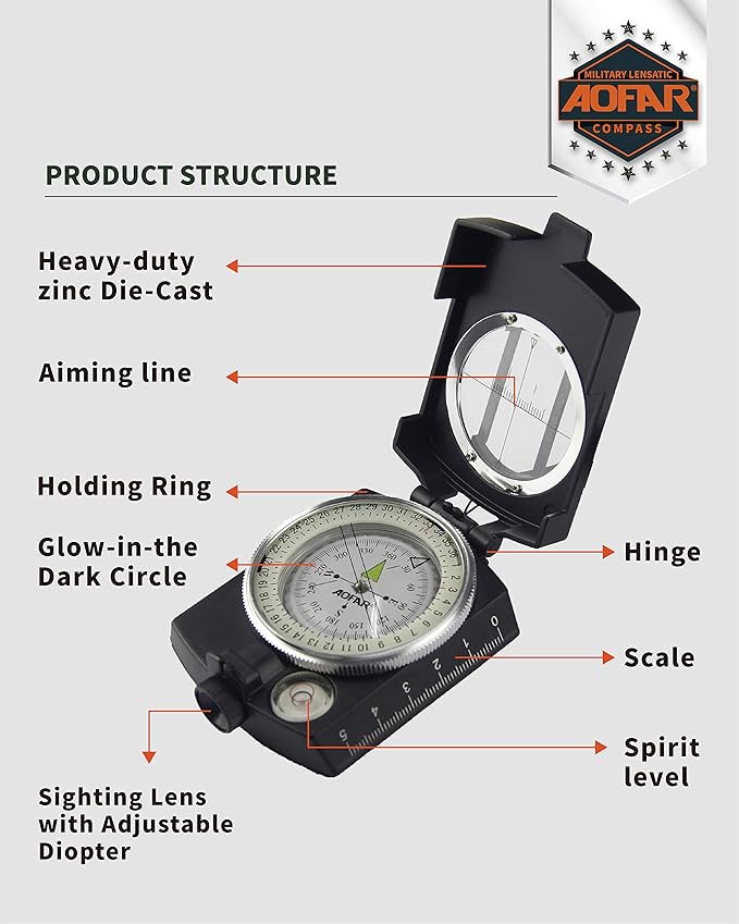 AOFAR Military Compass,AF-4580 Lensatic Sighting, Waterproof and Shakeproof with Map Measurer Distance Calculator, Pouch for Camping, Hiking