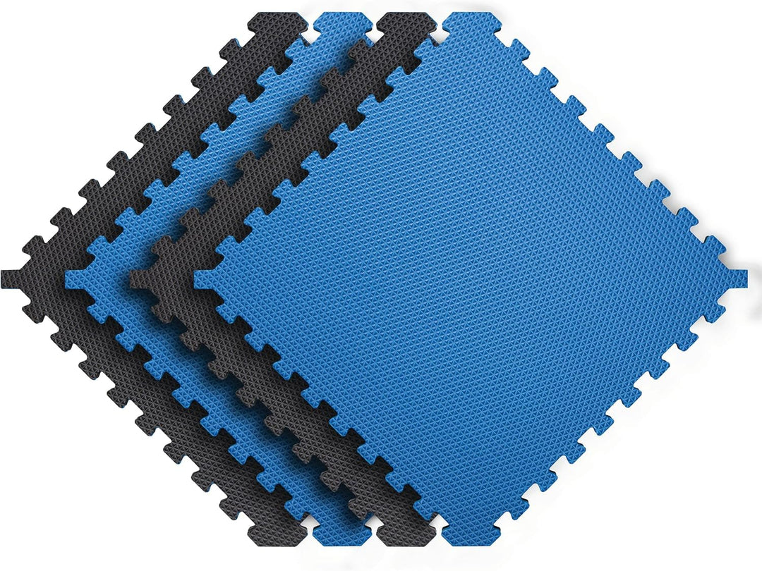 Norsk Reversible Gym Exercise Mats 3/4" Thick EVA Interlocking Foam Tiles, Perfect Gym Flooring for Home Gym, 16 Tiles & 32 Trim Pieces, 64 Sq. Ft. Reversible, Dazzling Blue/Black