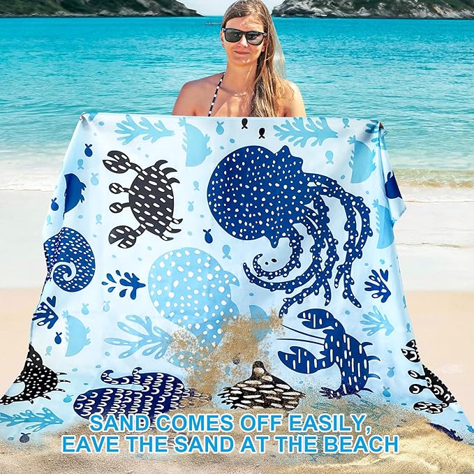 Beach Blanket, Sandproof Beach Mat 79" X 82" for 4-7 Adults, Large Waterproof Beach Blanket Quick Drying Lightweight Beach Blanket with 4 Stakes for Travel Camping Hiking (Octopus)