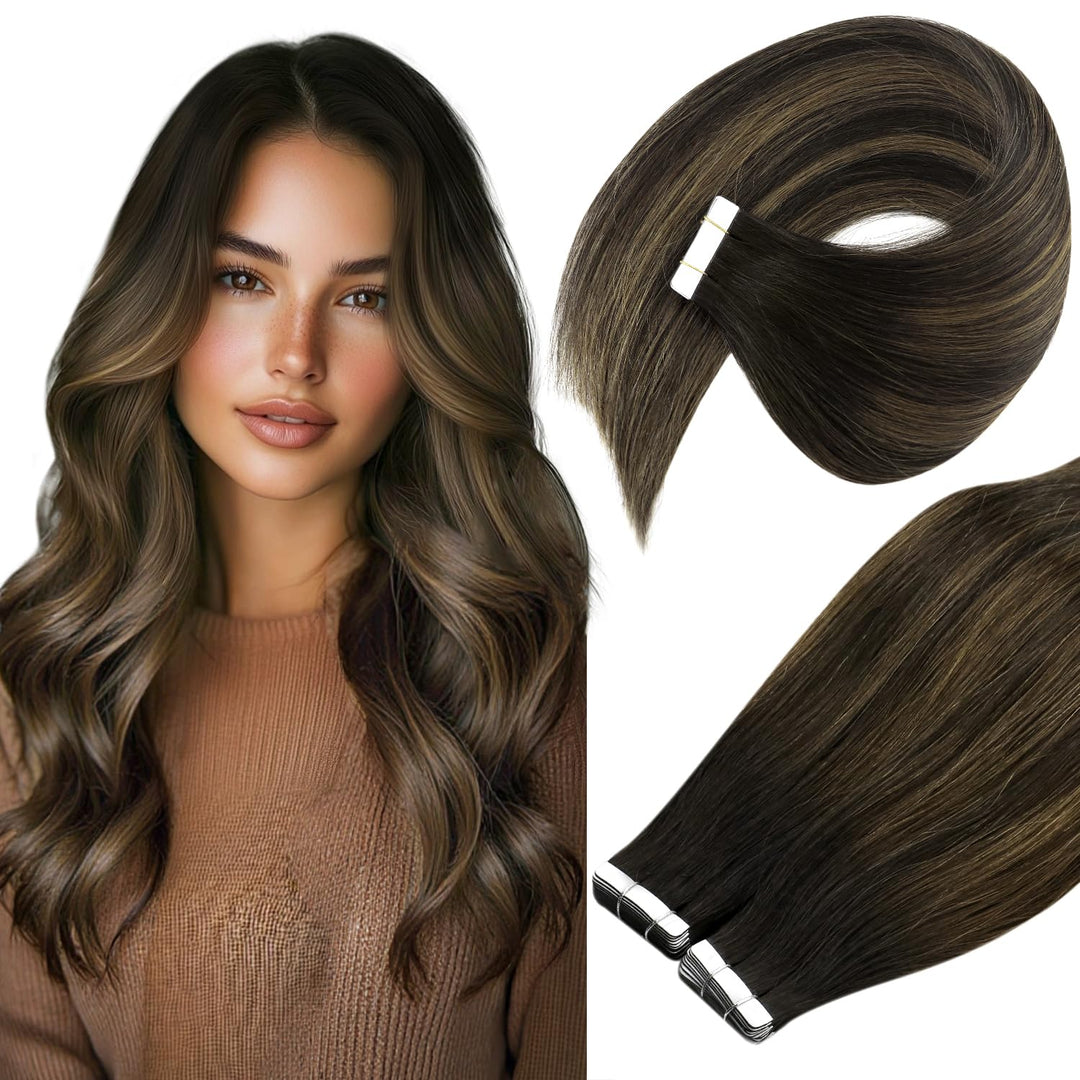Ve Sunny Brown Hair Extensions Dark Brown Mixed Chestnut Brown Balayage Tape in Hair Extensions Human Hair Extensions Tape in Straight Hair Skin Weft 20pcs 50g 14inch