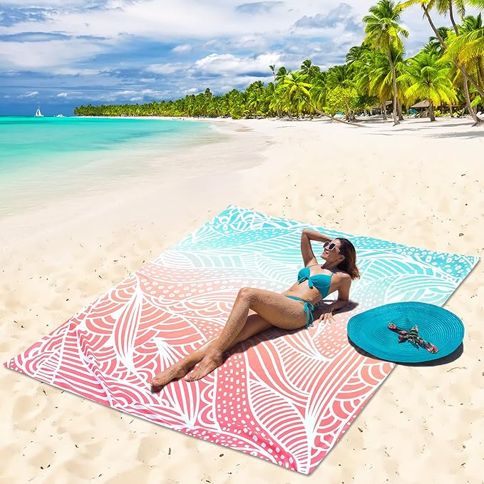 Beach Blanket Waterproof Sandproof Beach Mat 79”x 83” for 1-4 Adults Quick Drying Durable Outdoor Picnic Mat for Beach Festival Travel Camping Hiking (Gradiant P&GN-Ripple, 79"×83"(4 Person))