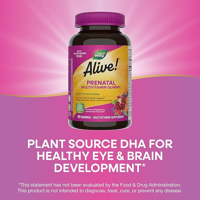 Nature’s Way Alive! Prenatal Multivitamin, Plant-Based DHA for Baby's Healthy Brain & Eye Development*, Vegetarian, Orange and Raspberry Lemonade Flavored, 90 Gummies (Packaging May Vary)