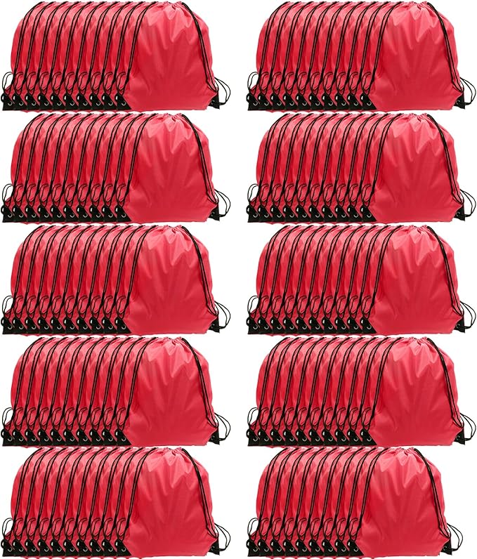 GoodtoU Drawstring Backpacks, 100 Pieces Nylon Backpack Cinch Sack Drawstring Gym Bag for Sport, Traveling, Team (Cherry)