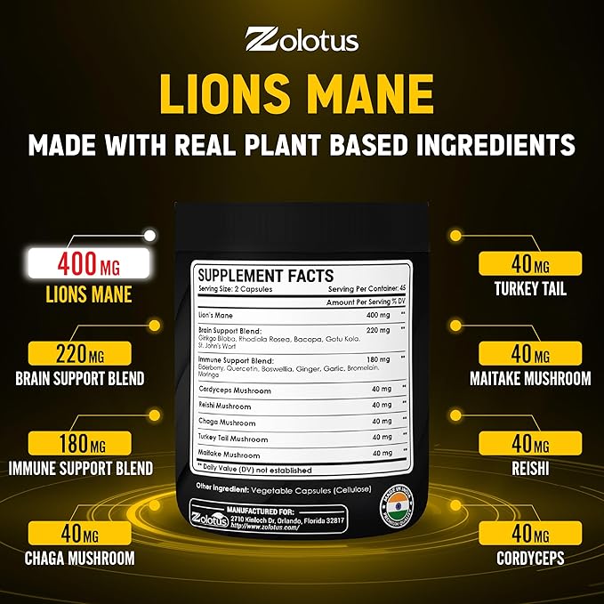 Zolotus Lions Mane Mushroom Complex Capsules with Cordeyceps, Elderberry, Ginkgo Biloba, Bacopa - 90 Capsules