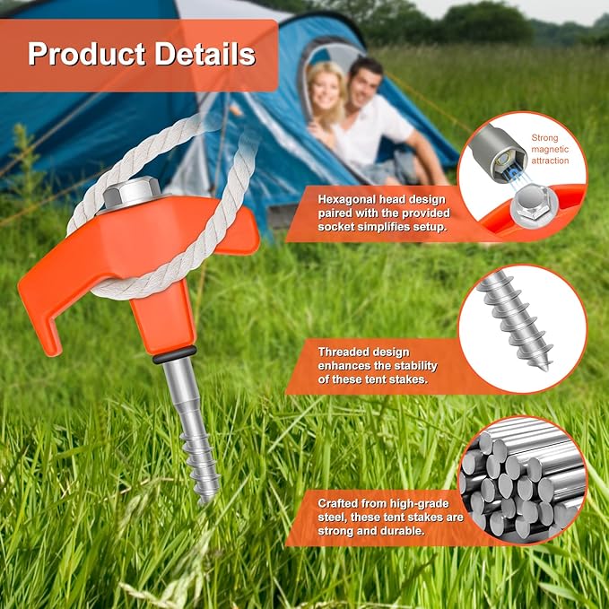 8" Screw Tent Stakes - Heavy-Duty Metal Threaded Camping Tent Spikes with Luminescent Plastic Heads, Essential for Outdoor Camping - 10 Pack