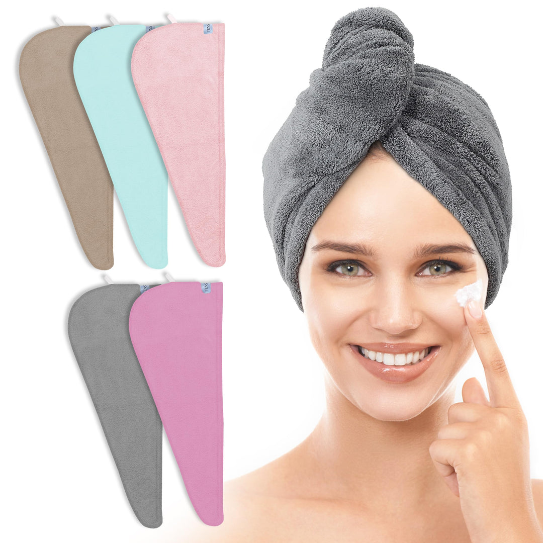 TENSTARS 5 Pack Thicken Microfiber Hair Towel Wrap for Women - Elastic Loop Design - 320GSM Coral Velvet - Quick Dry Hair Turban - 11x28 Inch (Grey+Pink+Brown+FrozenBlue+FrozenBerry)